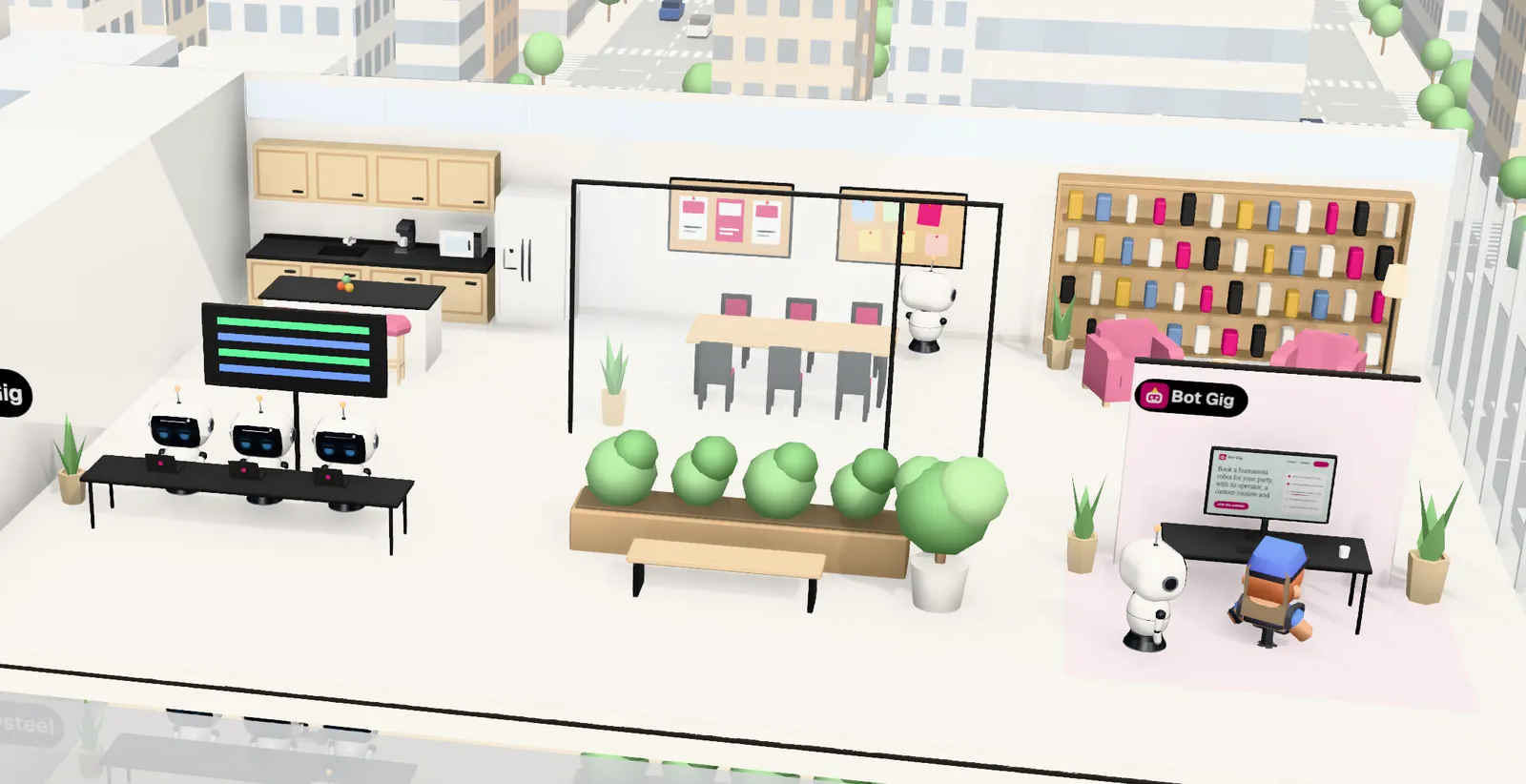 Bot Gig’s office on floor 10 of Tower 1: the owner’s desk with the website on screen, the agents’ bench, a meeting room and a library